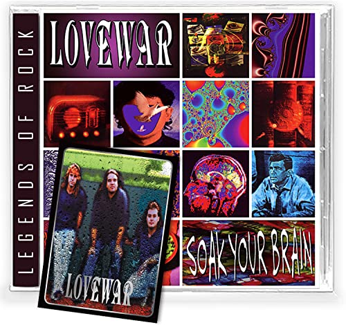 CD cover for Lovewar’s “Soak Your Brain” featuring collage imagery and band photos.