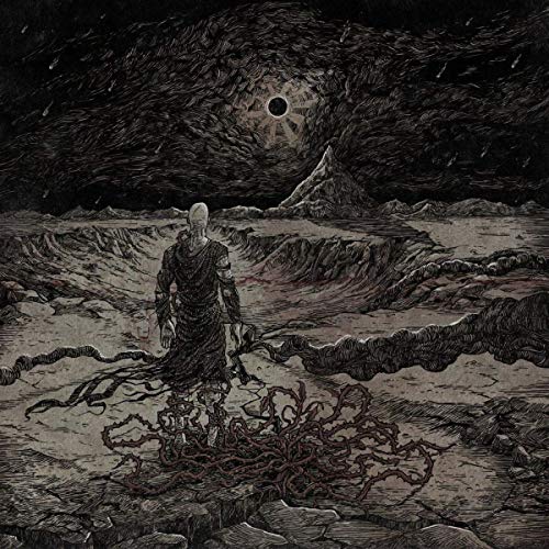Dark illustration of a bald figure in tattered robes standing on a barren, rocky landscape.