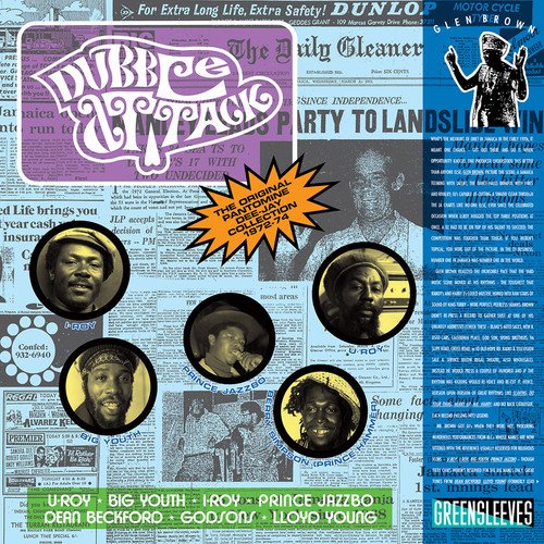 Glen Brown's "Dubble Attack" vinyl album cover with collage of newspaper clippings and portraits.