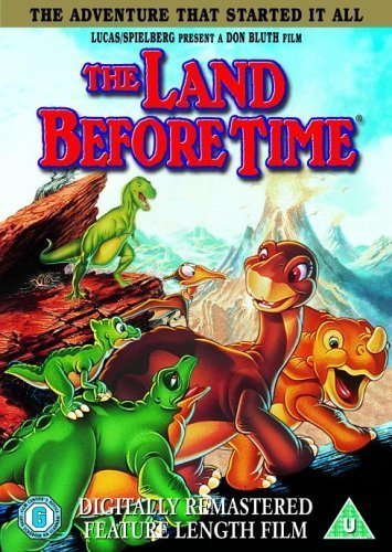 "The Land Before Time" DVD cover featuring animated dinosaurs in a prehistoric landscape.