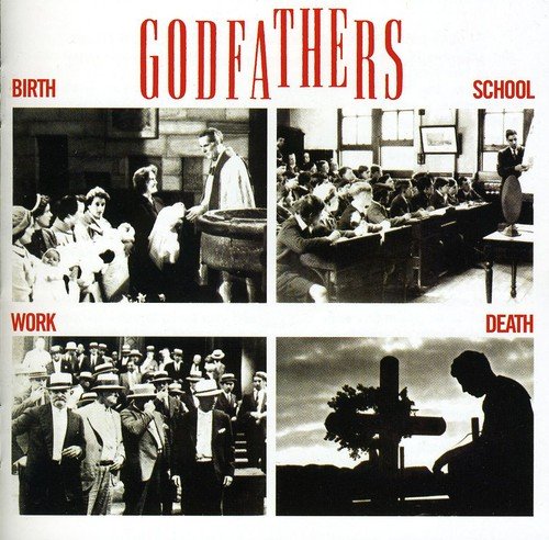 "Album cover with 'Godfathers' title and four black-and-white images labeled life stages."