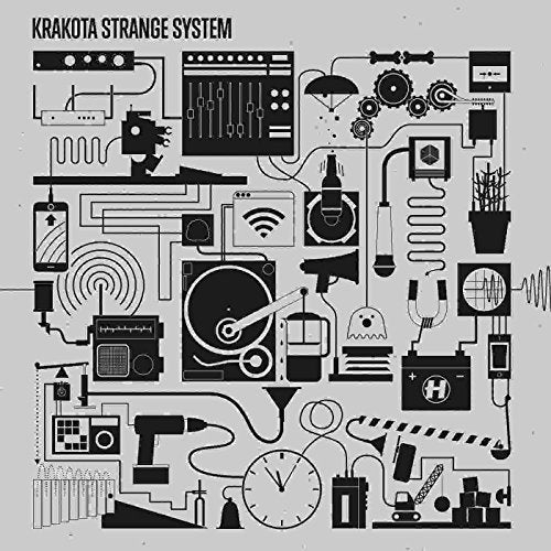 "Krakota - Strange System" CD cover featuring black and white machinery illustrations on gray background.