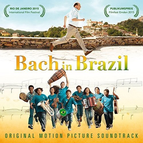 "CD cover for 'Bach in Brazil' soundtrack, featuring a man jumping and musicians marching."