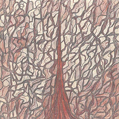 Abstract drawing of a tree with tangled branches in red and gray.