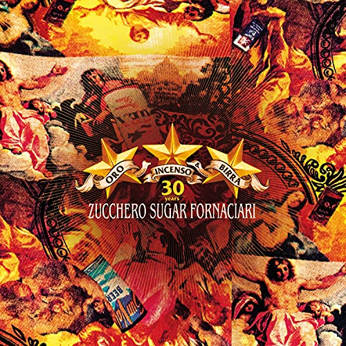 Zucchero album cover: ornate, fiery collage with text and stars.