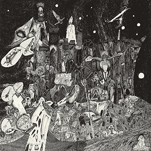 Intricate black and white illustration of a gothic, surreal landscape.