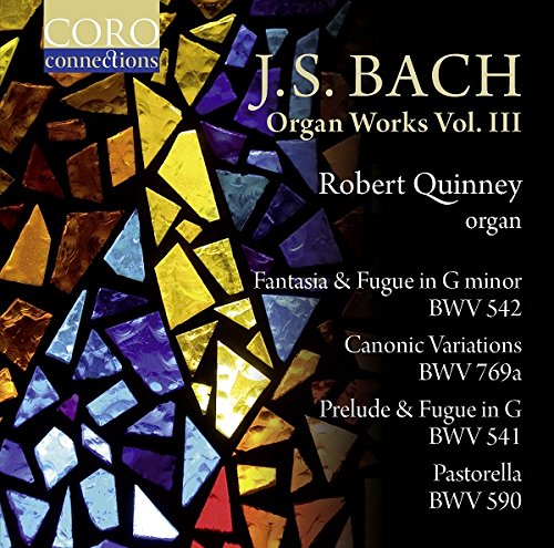 "CD cover featuring stained glass artwork and text describing J.S. Bach organ works."