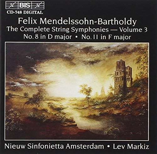 "CD cover with landscape painting, text details Felix Mendelssohn-Bartholdy's string symphonies on black background."