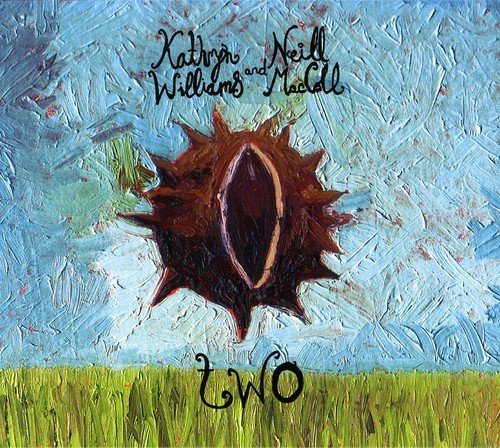 "Album cover with a brown seed pod on a textured blue and green background."
