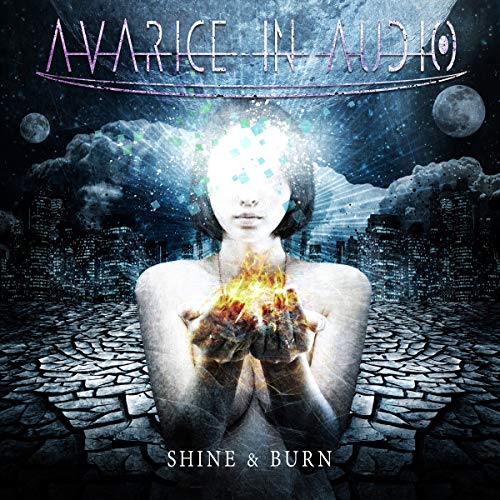 CD cover: woman with glowing hands and digital face, city background.