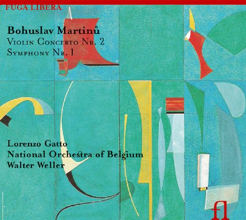 "CD cover with abstract green background, red accents, and black text listing performers and composers."