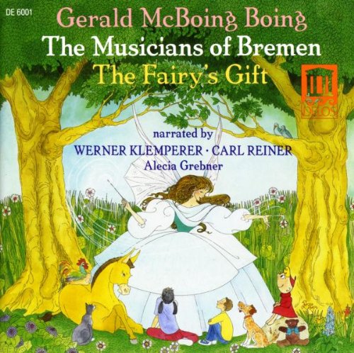 "Children's audiobook cover featuring a fairy playing violin, surrounded by animals in a forest."
