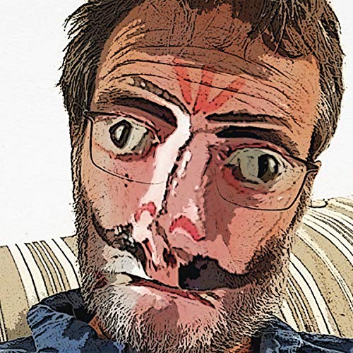 Close-up portrait of a man with glasses, digitally altered and textured.