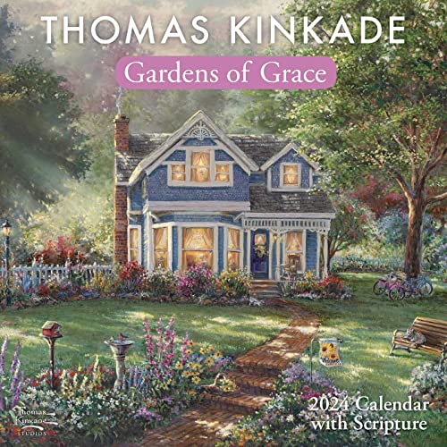 Thomas Kinkade painting of a blue cottage surrounded by a colorful garden.