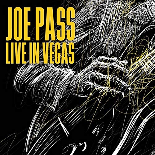 Joe Pass "Live In Vegas" CD cover, sketched guitar and hands on black.