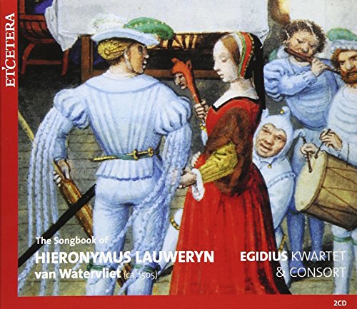 "CD cover with medieval illustration of people in traditional clothing, red border, white text."