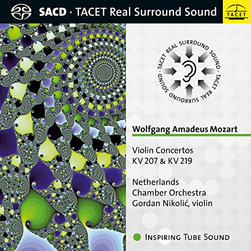 CD cover for Mozart violin concertos, featuring abstract floral design.