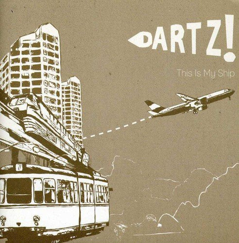 Brown-toned album cover with a tram, plane, and buildings.
