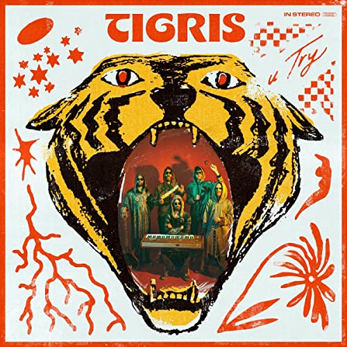 Tiger head illustration with figures inside its open mouth, vinyl record art.
