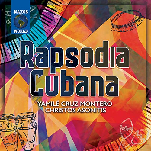 "Album cover with 'Rapsodia Cubana' title, piano keys, and bongo illustrations on colorful background."