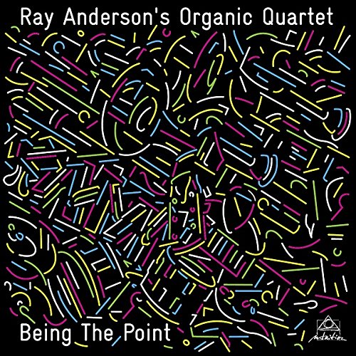 Album cover with abstract, multicolored trombone outlines on a black background, titled "Being The Point".