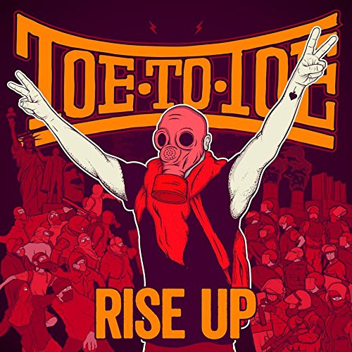 CD cover: person with gas mask raising hands in a crowd.