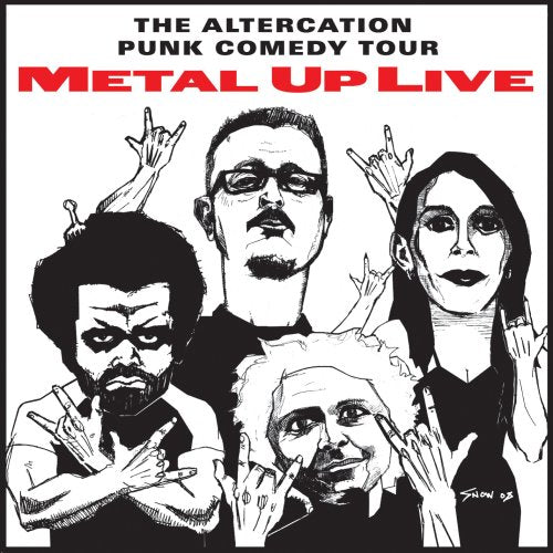 Black and white cartoon of four people making rock hand gestures.