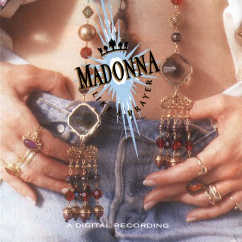 Madonna album cover: woman's torso with jewelry and rings, "Like a Prayer" text.