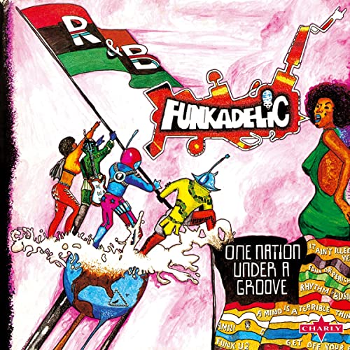 Funkadelic album cover: colorful, illustrated figures rowing a boat on sound waves.