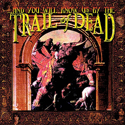 "Album cover with medieval battle scene and yellow text on ornate brown background."