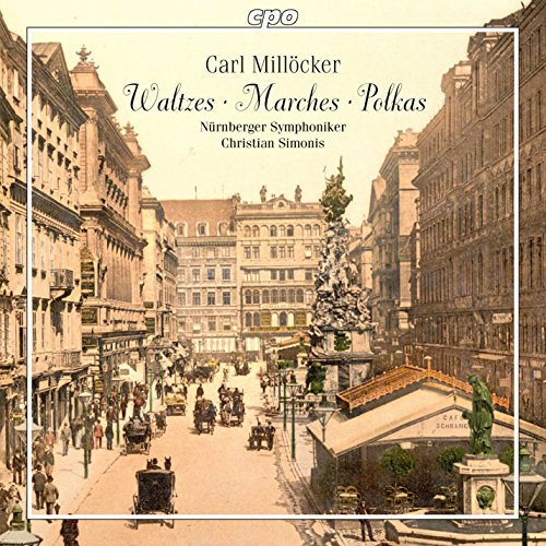 "Vintage street scene album cover with horse-drawn carriages and ornate buildings."