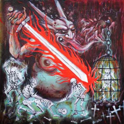 "Demonic figure with sword and skeletons in a dark, eerie scene on a CD cover."