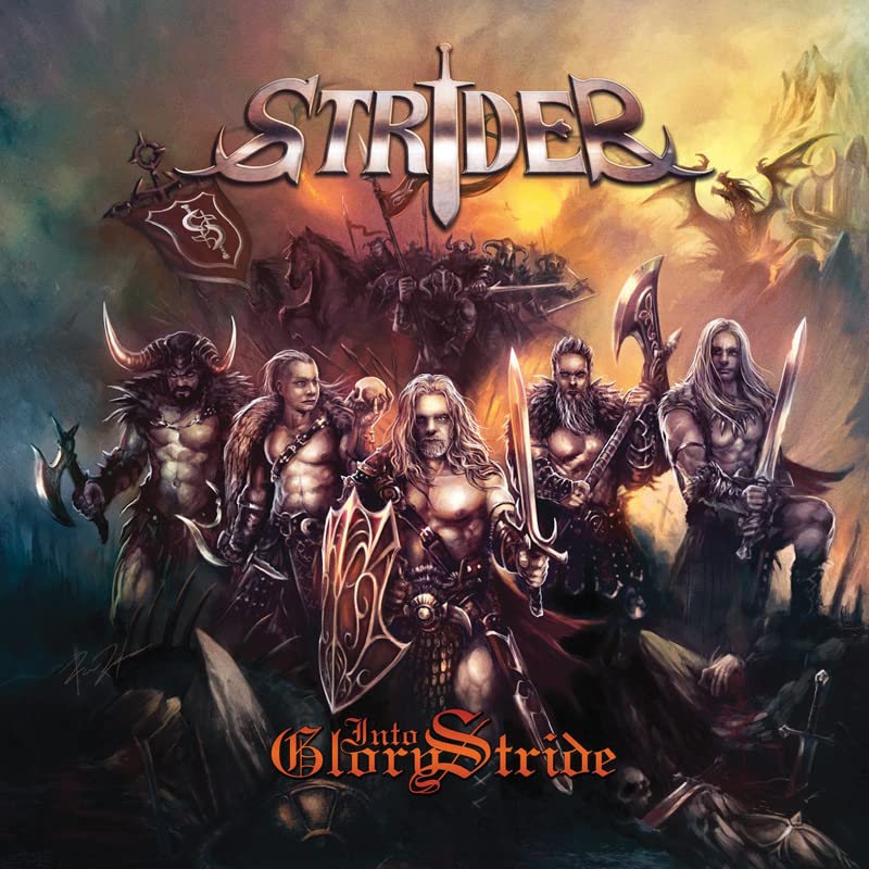 Album cover for “Into Glory Stride” by Strider, featuring warriors.