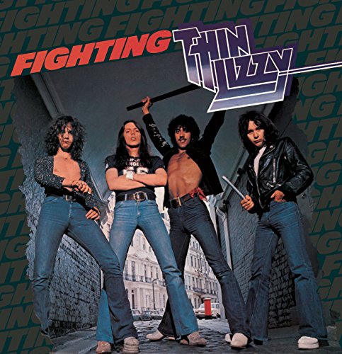 Thin Lizzy "Fighting" vinyl album cover with band members and weapons.