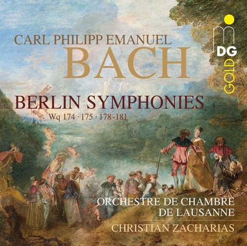 "CD cover featuring a classical painting with text: 'C.P.E. Bach Berlin Symphonies'."