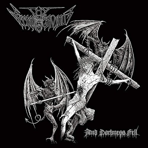 Black and white album cover depicting a demonic crucifixion scene.