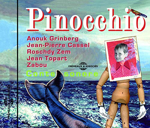 Pinocchio" CD cover featuring a wooden puppet, whale tail, and portrait.