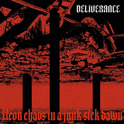 Red and black album cover for "Deliverance" with dystopian city imagery.