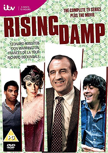 "Rising Damp DVD cover featuring four main characters and title in red text."