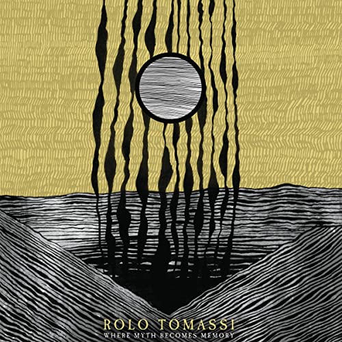 Abstract album cover with dark vertical lines and a central circular shape.