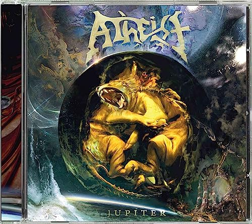 “Atheist - Jupiter” CD cover with a roaring lion on a planetary sphere.