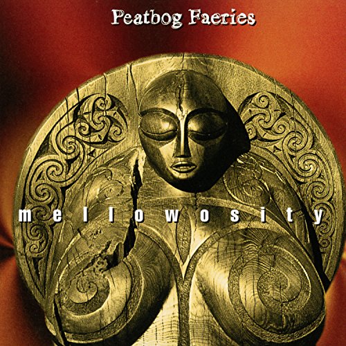"Album cover with gold Celtic statue against a red background, titled 'Mellowosity'."