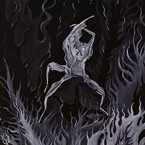 Dark, textured illustration of a skeletal figure amidst swirling flames.