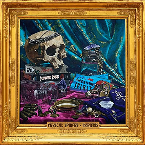 Skull, books, and jars in a dark, ornate, painted still life.