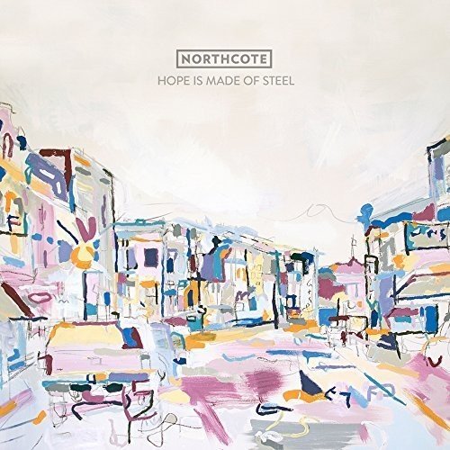 The alt text for the image is: "Album cover art with abstract cityscape in pastel colors."