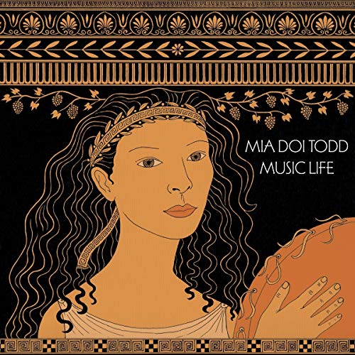 "Album cover art featuring a stylized woman holding a lyre against a black background."