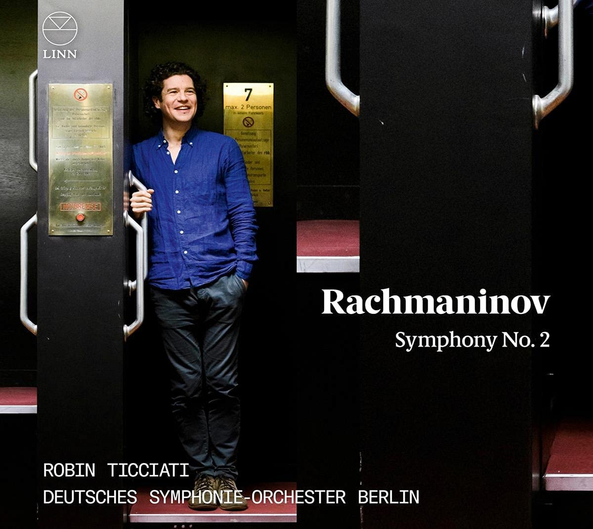 CD cover featuring conductor Robin Ticciati and text “Rachmaninov Symphony No. 2”.