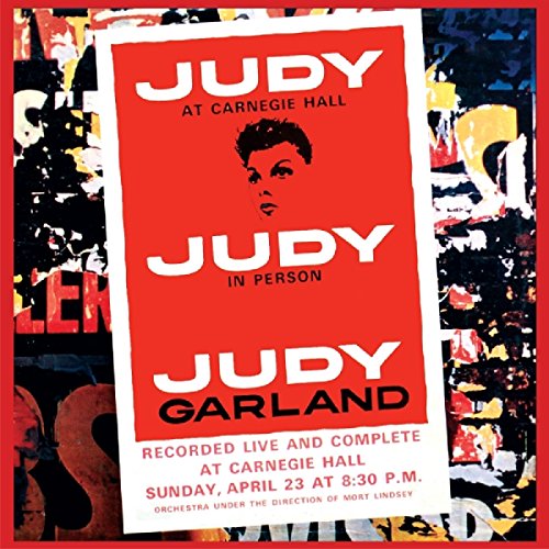 "CD cover for Judy Garland's 'Judy at Carnegie Hall' with red poster design."