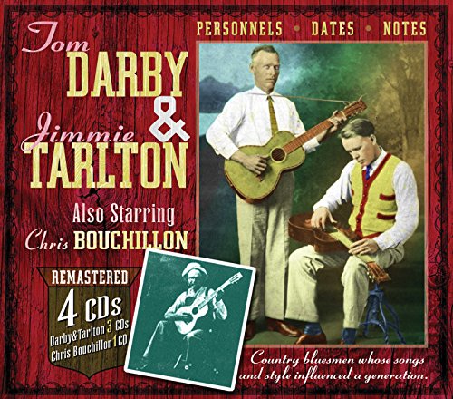 Red album cover with two men holding guitars and text describing the product.