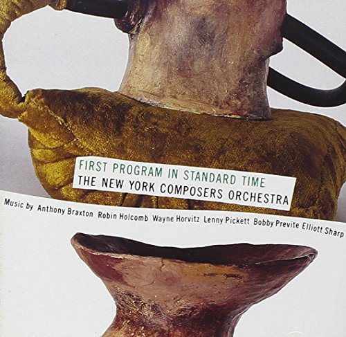 "CD cover featuring a sculpture with a label and text listing composers' names."